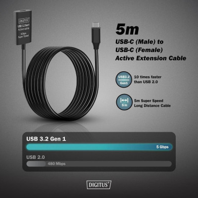 Digitus Подовжувач USB 3.2 Gen1 Active Cable 5G, C/M-C/F, 10м, чорний