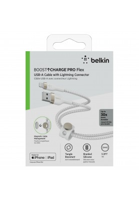 Belkin Кабель USB-A - Lightning плетений, силіконовий, з ремінцем на магніті, 1м, білий