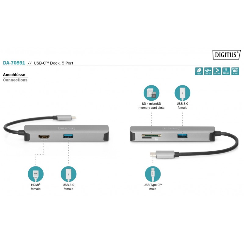 Digitus Док-станція Travel USB-C, 5 Port