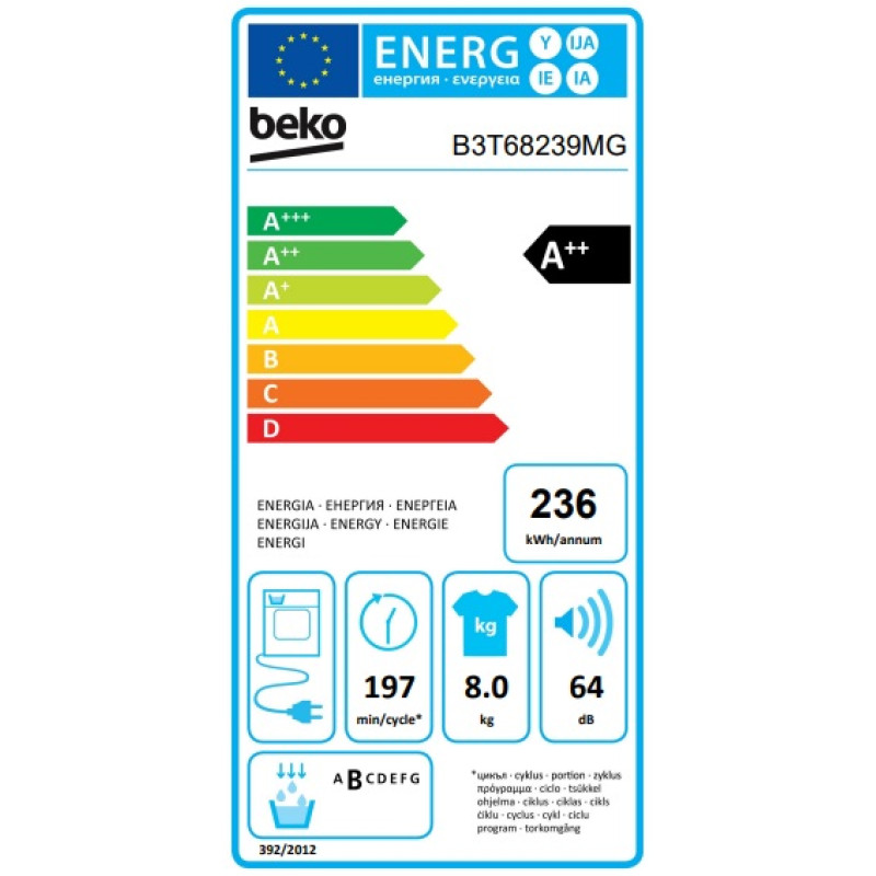 Beko Сушильна машина тепловий насос, 8кг, A++, 60см, дисплей, сірий
