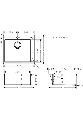 Hansgrohe Мийка кухонная Combi S71, нерж.сталь, прямокутник, без крил, 500x550x190мм, чаша - 1, врізна, нерж.