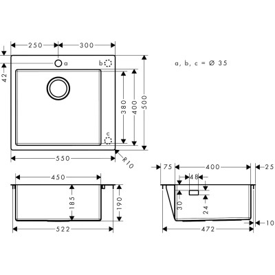 Hansgrohe Мийка кухонна Combi S71, нерж.сталь, прямокутник, без крила, 500x550x190мм, чаша - 1, врізна, нерж Hansgrohe Мийка кухонна Combi S71, нерж.сталь, прямокутник, без крила, 500x550x190мм, чаша - 1, врізна, нерж