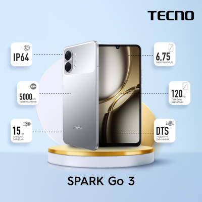 TECNO Смартфон Spark Go 3 (KM3) 6.75" 4/64ГБ, 2SIM, 5000мА•год, Titanium Grey