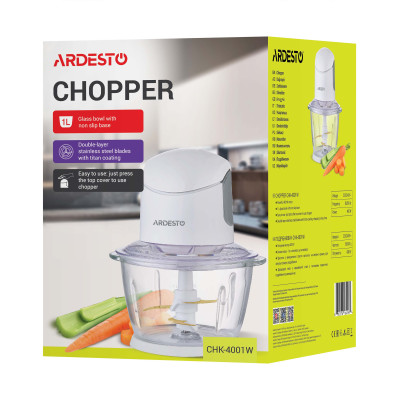 ARDESTO Подрібнювач, 400Вт, чаша-1000мл, скло, корпус-пластик, білий