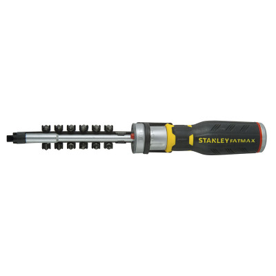 Stanley Викрутка FatMax, бітотримач реверсний 1/4", з підсвічуванням, зберігання біт у рукоятці, 12 біт, SL, PH, PZ, Torx