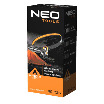 Neo Tools Ліхтар налобний акумуляторний, 1200мА•год, 800лм, 10Вт, 3 функції освітлення, IP20 Neo Tools Ліхтар налобний акумуляторний, 1200мА•год, 800лм, 10Вт, 3 функції освітлення, IP20