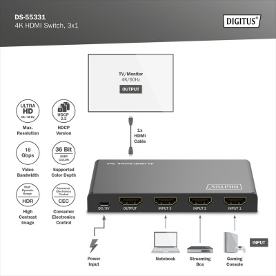 Digitus Відеокомутатор UHD HDMI (INx3 - OUTx1), 4K Digitus Відеокомутатор UHD HDMI (INx3 - OUTx1), 4K