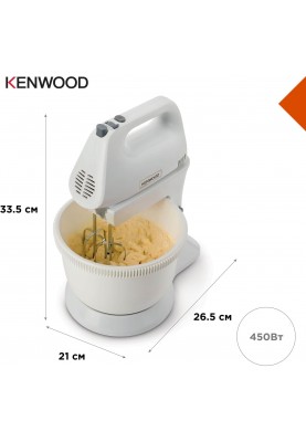 Kenwood Міксер стаціонарний, 450Вт, насадки -2+блендер, вінчик, чаша-пластик, 3.4л, білий