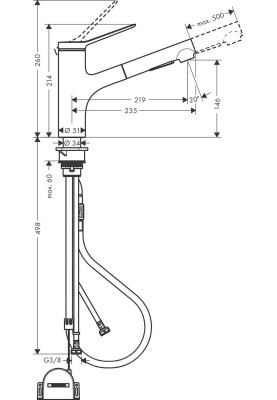 Hansgrohe Змішувач для кухні Zesis M33, довж.виливу - 219мм, витяжний, 1важіль, KM150sBoxlite, сталь