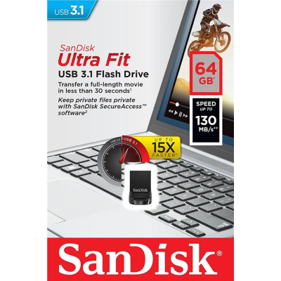 SanDisk Накопичувач 64GB USB 3.1 Type-A Ultra Fit Чорний SanDisk Накопичувач 64GB USB 3.1 Type-A Ultra Fit Чорний