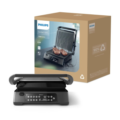 Philips Гриль притискний Series 7000, 2200Вт, з`ємні пластини,терощуп, розкриття на 180°, метал, чорний