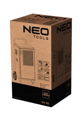 Neo Tools Осушувач повітря промисловий, 950Вт, 250м2, 400 м3/год, 70л/добу, безперервний злив, LCD дисплей, прогр.часу роботи, IP22