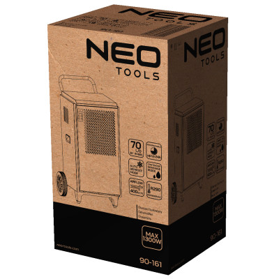 Neo Tools Осушувач повітря промисловий, 950Вт, 250м2, 400 м3/рік, 70л/добу, безперервний злив, LCD дисплей, прогр.години роботи, IP22