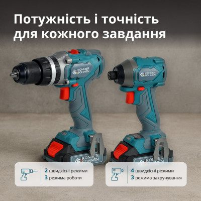 Könner & Söhnen Set of two cordless tools KS IDISD 20V SET 2 PLUS 20V impact screwdriver-drill, impact screwdriver KS ISD20V-260-4, ZP 2A battery 2x2A·h case 6kg Könner & Söhnen Set of two cordless tools KS IDISD 20V SET 2 PLUS 20V impact screwdriver-drill, impact screwdriver KS ISD20V-260-4, ZP 2A battery 2x2A·h case 6kg