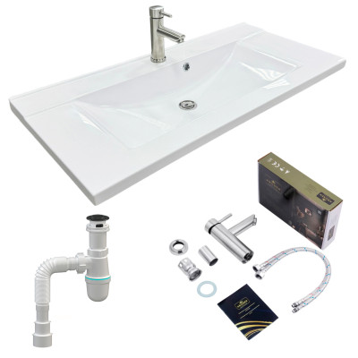 Adamant Набір для ванної кімнати, раковина, умивальник QUANTO 100, штучний камінь, прямокут., з сифоном Click-Clack + змішувач