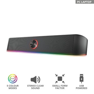 Trust Акустична система GXT 619 Thorne Саундбар, USB/AUX, RGB, чорний Trust Акустична система GXT 619 Thorne Саундбар, USB/AUX, RGB, чорний