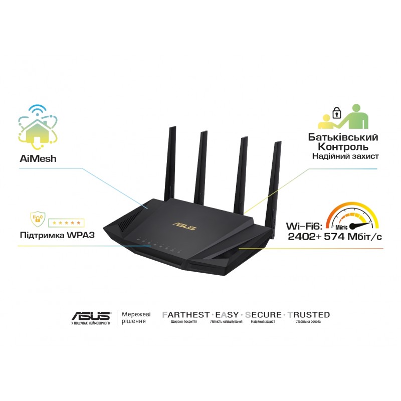 ASUS Маршрутизатор RT-AX58U v2 AX3000, 4xGE LAN, 1xGE WAN, 1xUSB3.1, MESH