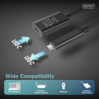 Digitus Подовжувач DIGITUS USB 3.2 Gen2 Active Cable 10G, C/M-C/F, 5м, чорний