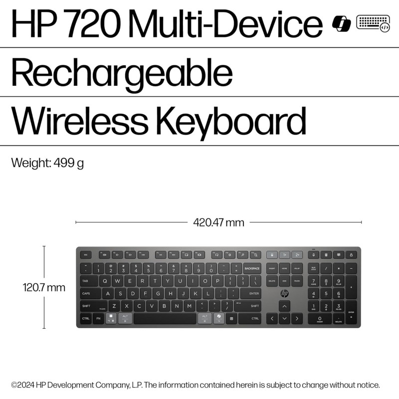 HP Клавіатура мембранна 720 Multi-Device Rechargeable, 109key, WL/BT, EN/UK, чорний
