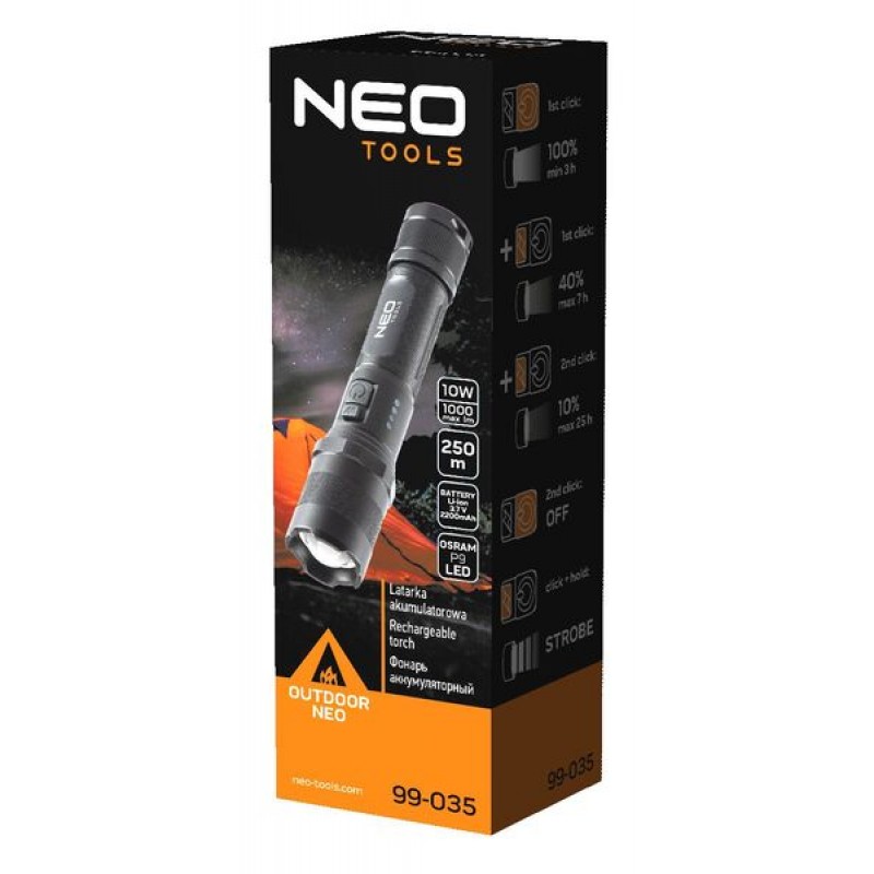 Neo Tools Ліхтар, USB, 2200мАч, 3.7 Li-ion, 10Вт, 1000 лм, LEDOSRAM P9 LED
