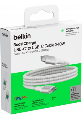 Belkin Кабель USB-C > USB-C заряджання/синхронізації 1м, 240Вт, Type-C, плетений, білий