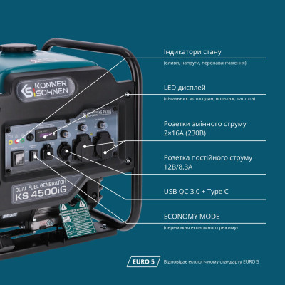 Könner & Söhnen Генератор газобензиновий інверторний KS 4500iG, 230В, 4.5кВт, ручний стартер, 33.5кг