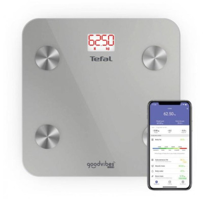 Tefal Ваги підлогові Goodvibes Life, 160кг, Bluetooth, AAAx3 в комплекті, скло, сірий