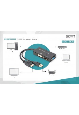 Digitus Перехідник HDMI - DP+DVI+VGA UHD 4K, M-F/F/F, 3 in 1