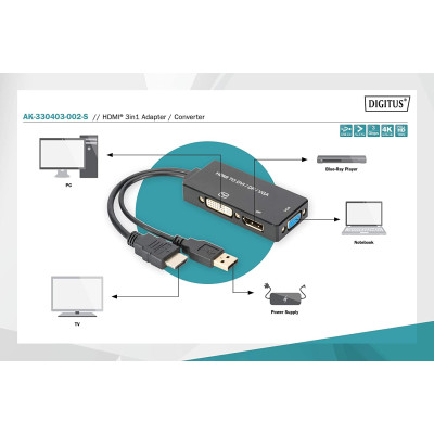 Digitus Перехідник HDMI - DP+DVI+VGA UHD 4K, M-F/F/F, 3 in 1