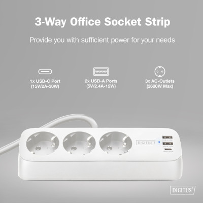Digitus Блок розеток DIGITUS Office, 3xSchuko, 2xUSB-A, 1xUSB-C, 16A, 1.5м, вилка Schuko, білий