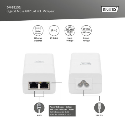 Digitus PoE-Інжектор PoE+ 802.3at, 10/100/1000 Mbps, Output max. 48V, 30W, білий