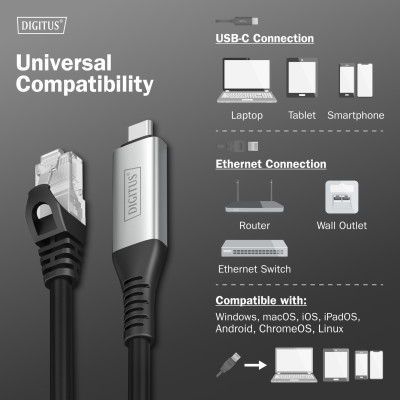 Digitus Кабель DIGITUS Ethernet USB-C - RJ45 CAT 6A S/FTP, 1 Gbit/s, 5m, LSZH Digitus Кабель DIGITUS Ethernet USB-C - RJ45 CAT 6A S/FTP, 1 Gbit/s, 5m, LSZH