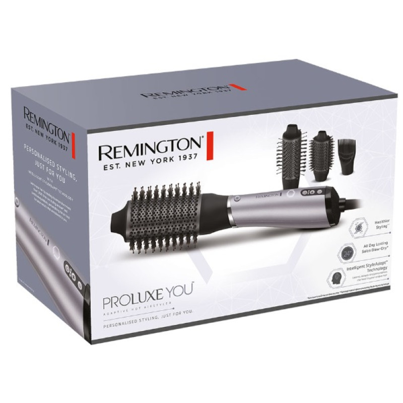 Remington Фен-щітка ProLuxe You Adaptive, 1000Вт, 3 режими, іонізація, хол. обдув, кераміка, сірий
