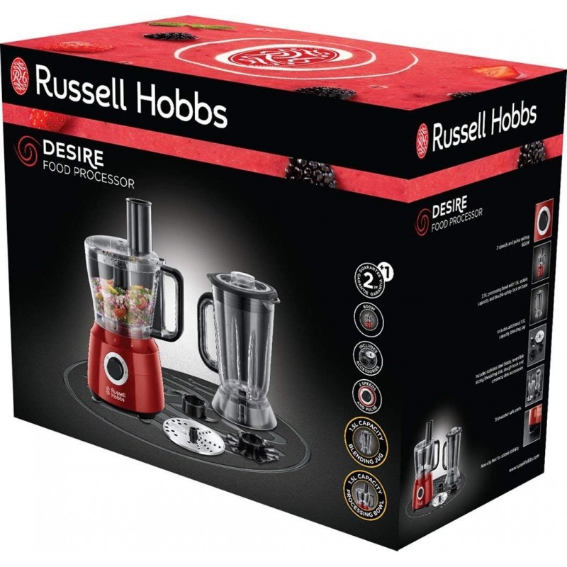 Russell Hobbs Кухонна машина Desire 600Вт, чаша-пластик, корпус-пластик, насадок-9, червоний
