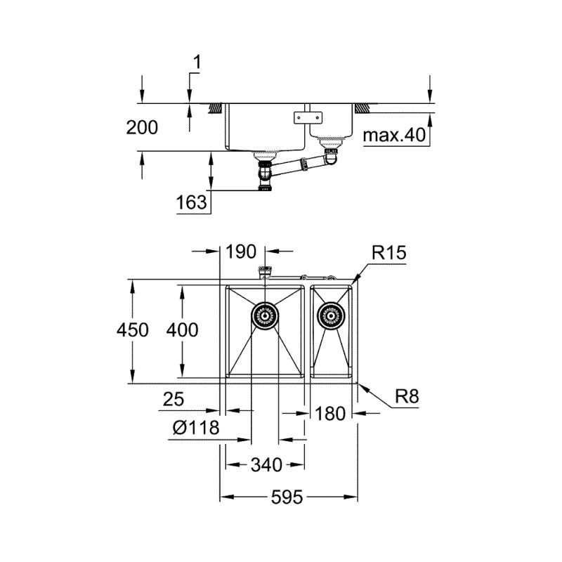Grohe Мийка кухонна K700U нерж. сталь, прямокут., без крила, 595х450х200мм, чаша - 2, врізна, нерж
