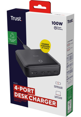 Trust Зарядне пристрій мережевий Maxo 100Вт, 3xUSB-C/USB-A ,PD, чорний