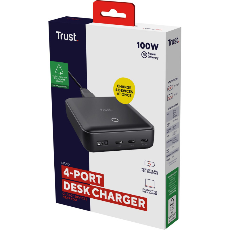 Trust Зарядний пристрій мережевий Maxo 100Вт, 3xUSB-C/USB-A ,PD, чорний