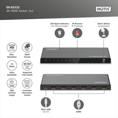 Digitus Відеокомутатор DIGITUS UHD HDMI (INx5 - OUTx1), 4K Digitus Відеокомутатор DIGITUS UHD HDMI (INx5 - OUTx1), 4K
