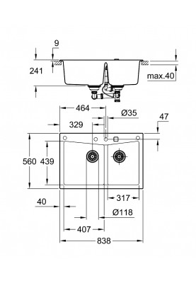 Grohe Мийка кухонна K700, граніт, прямокут., без крила, 838x560x241мм, чаша - 2, врізна/під стільницю, чорний граніт