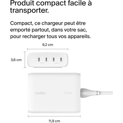 Belkin Зарядне пристрій мережевий 200Вт 4хUSB-С GAN PD PPS, білий