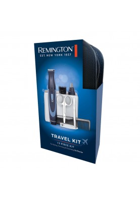 Remington Набір дорожній TRAVEL KIT, для бороди, вусів, носа та вух, насадок-3, чохол, гребінець, пінцет, кусачки, ножиці, сталь, чорно-синій