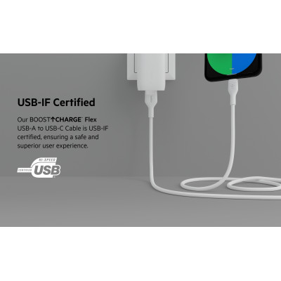 Belkin Кабель USB-A - USB-C силіконовий, з кліпсою, 2м, білий