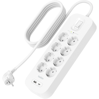Belkin Підовжувач-фільтр мережевий 8хТип F, 3x1.5мм кв, 16А, USB-A/USB-C 18Вт, з захистом від перенапруги, 2м, білий