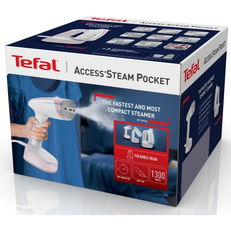 Tefal Відпарювач компактний Access' Steam Pocket, 1300Вт, 120мл, постійна пара - 20гр, біло-рожевий