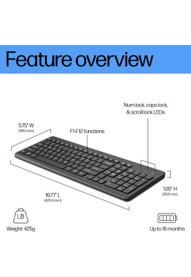HP Клавіатура мембранна 220, 104key, WL, EN/UK, чорний