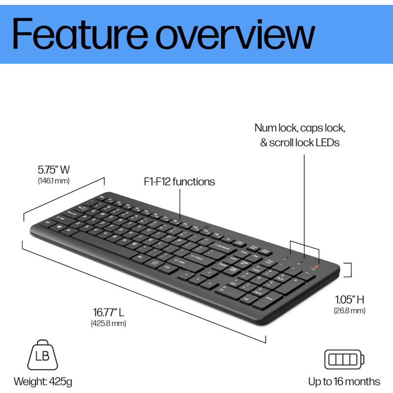 HP Клавіатура мембранна 220, 104key, WL, EN/UK, чорний