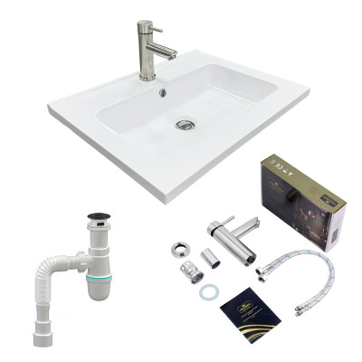 Adamant Набір для ванної кімнати, раковина, умивальник FLATE 60, штучний камінь, прямокут., з сифоном Click-Clack + змішувач