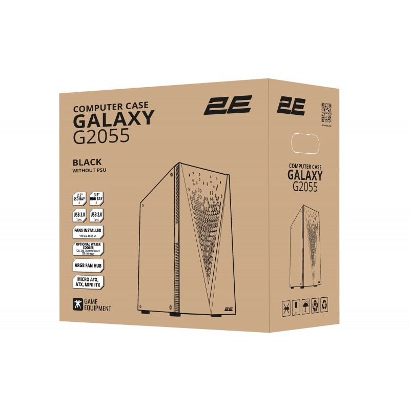 2E Gaming Корпус Galaxy G2055, без БЖ, 1xUSB 3.0, 2xUSB 2.0, 3x120mm ARGB, ARGB strip, TG Side Panel, ATX, чорний