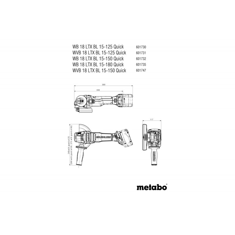 Metabo Шліфмашина кутова акумуляторна WVB 18 LTX BL 15-125 Quick, 125мм, 18В 2*5.5Ач, 2500-10000об/хв, М14, metaBOX 165 L, 2кг