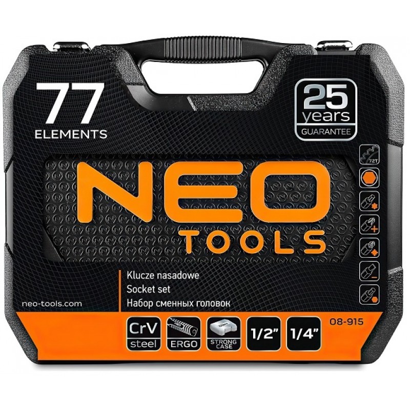 Neo Tools Набір інструменту 1/2", 1/4", CrV, 77 од.